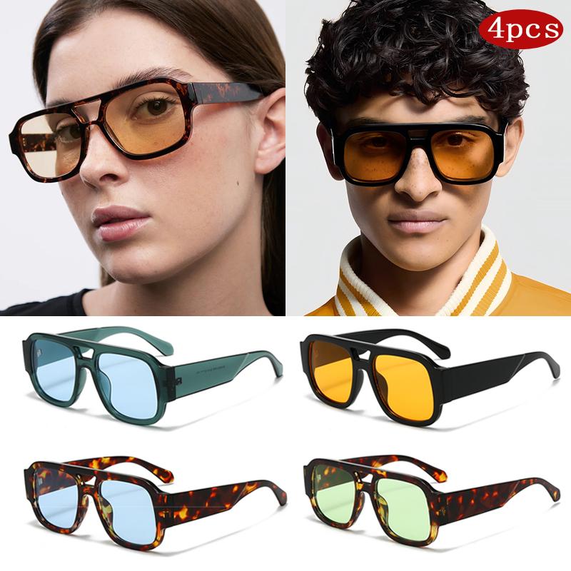 4pack Square Sun Glasses Women Large Frame Double Bridges Candy Color Wide Legs Outdoor Shades Eyewear