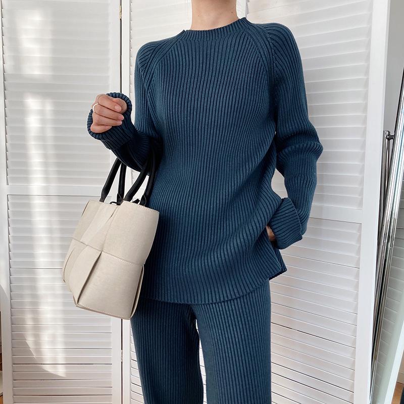 2025 Spring Elegant Solid Color Knit Sweater & Wide-Leg Pants Two-Piece Set for Women
