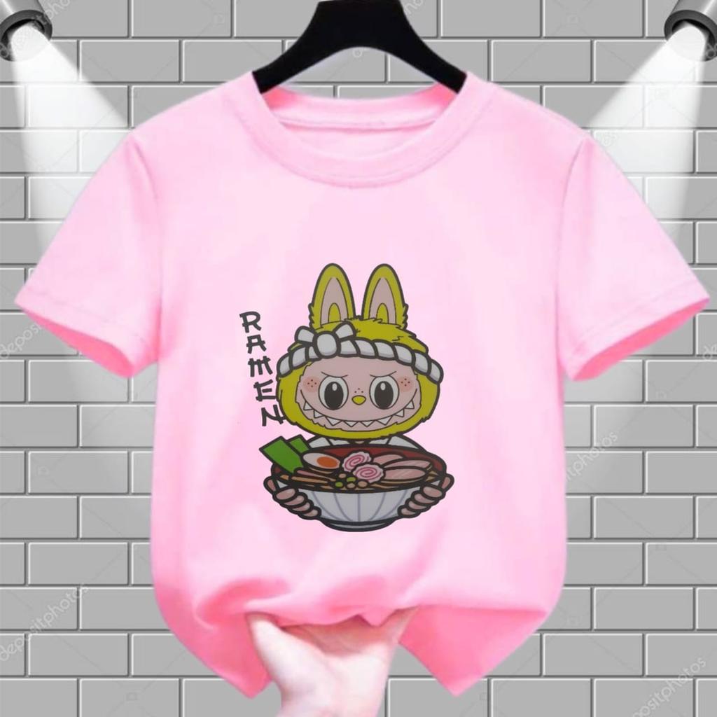 LABUBU Kinder Kurzarm Lamian Nudelmuster Mädchen Rundhals T-Shirt Mode Locker Kinder Top