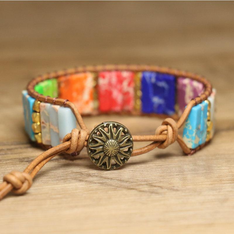 Rainbow Chakra Leather Wrap Bracelet – Gold Accent Boho Jewelry, Energy Balance Joy Gift for Women
