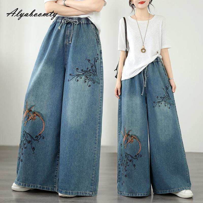 Large Size Spring Summer Women Straight Jeans Drawstring Elastic Waist Embroidery Oversized Baggy Denim Pants Retro Classical Ladies' Jeans