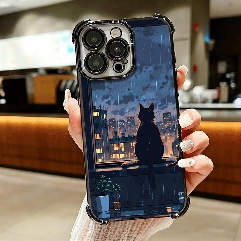 Healing Sense Cat Rain Plating Phone Case For Iphone 16 17 Pro Max Air 16E 14 15 Plus 12 13 Mini Anti-Fall Airabag Cover