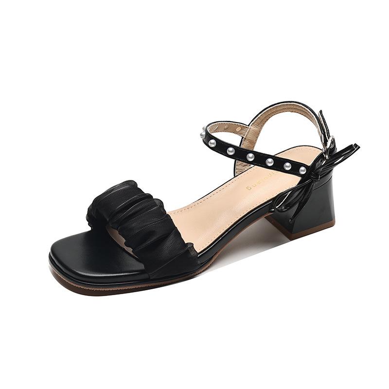 Coarse-heeled sandals women's summer outer wear bow with skirt large-size women's shoes