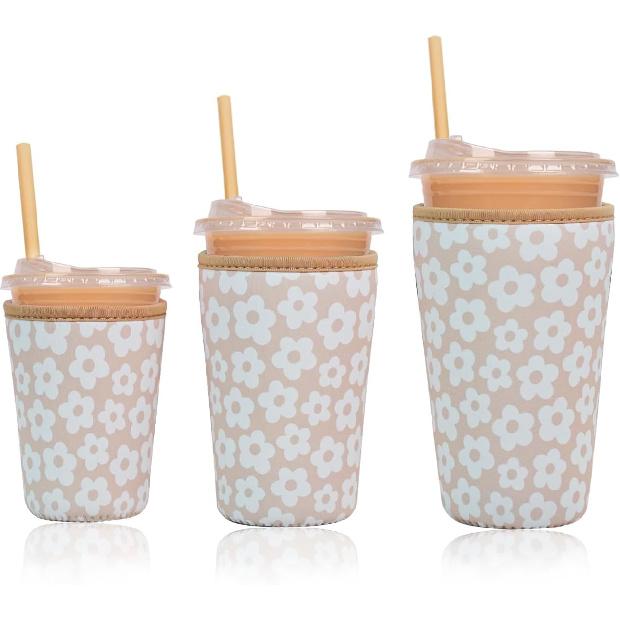 Reble Ulated Neoprene Iced Coffee Cup Sleeve, Durable Drink Sleeve for Cold Beverages, Beverage Holder for Iced Coffee, Floral Checkers