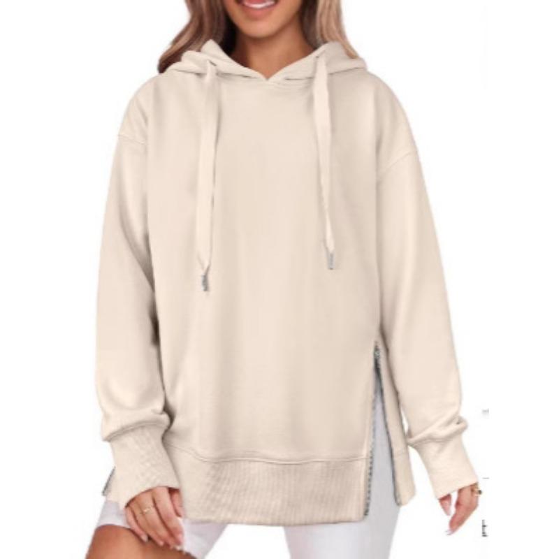 Spring Autumn Solid Color Loose Casual Pullover Hoodies Women Slit All-match Hooded Sweatshirt Top