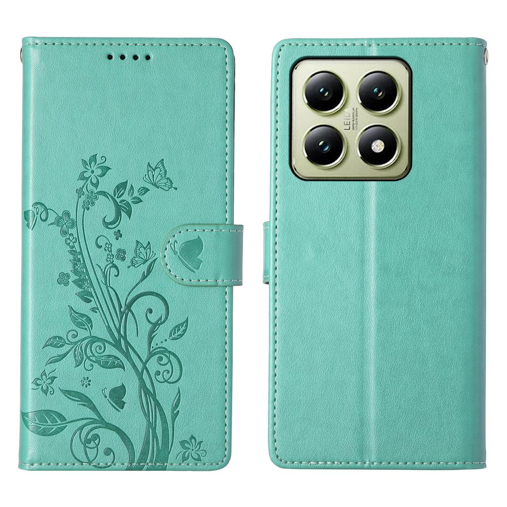 For Xiaomi 14T Wallet Case Butterfly Floral Imprint PU Leather Phone Cover with Wrist Strap