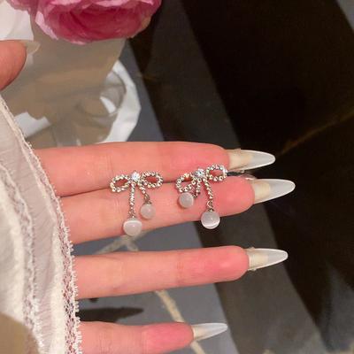 Diamond Bow Opal Fringed Earrings Niche Fashion Stud Earrings Versatile Temperament Light Luxury Earrings