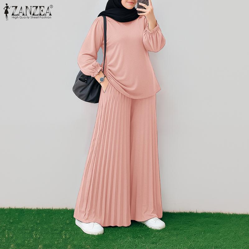 ZANZEA Women Long Sleeve Blouse and Pants Casual Two Piece Suit Set Muslim