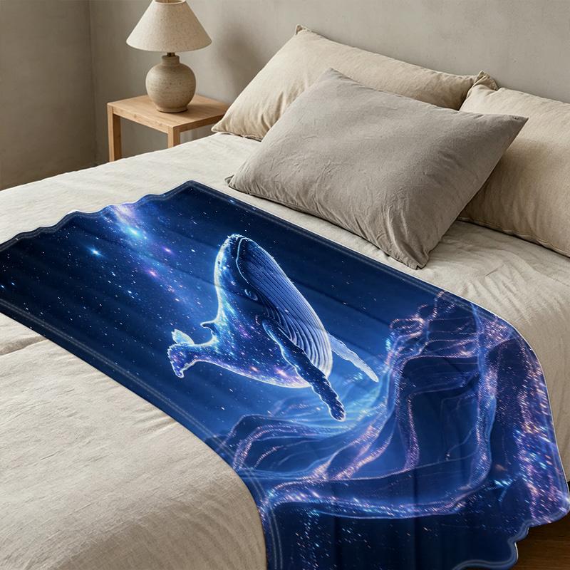 Hemmed Flannel Blanket Whale Theme, Dreamy Starry Design Soft Warm Throw for Sofa, Home, Halloween & Christmas Gift