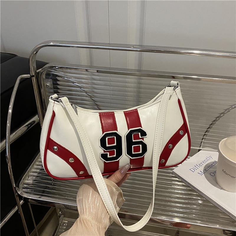Y2K 96 Number Print Shoulder Bag, Retro Sporty Striped Hobo Purse, Casual Armpit Bag with Studded Detail for Streetwear & Daily