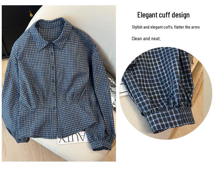 Korean Spring Casual Plaid Blue Women's Cropped Waist-Cinching Long Sleeve Shirt