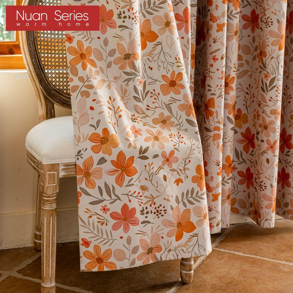 1PC Nuan Series French Vintage Orange Floral Print Blackout Curtain 100% Blackout Curtain for Bedroom Living Room Balcony Window for Home Decor