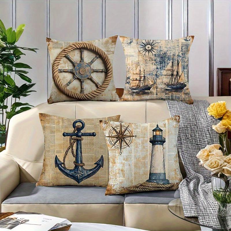 Vintage Nautical Pillow Covers Ship Wheel Anchor Lighthouse Pattern Cushion Covers For Sofa Living Room Bedroom Home Decor