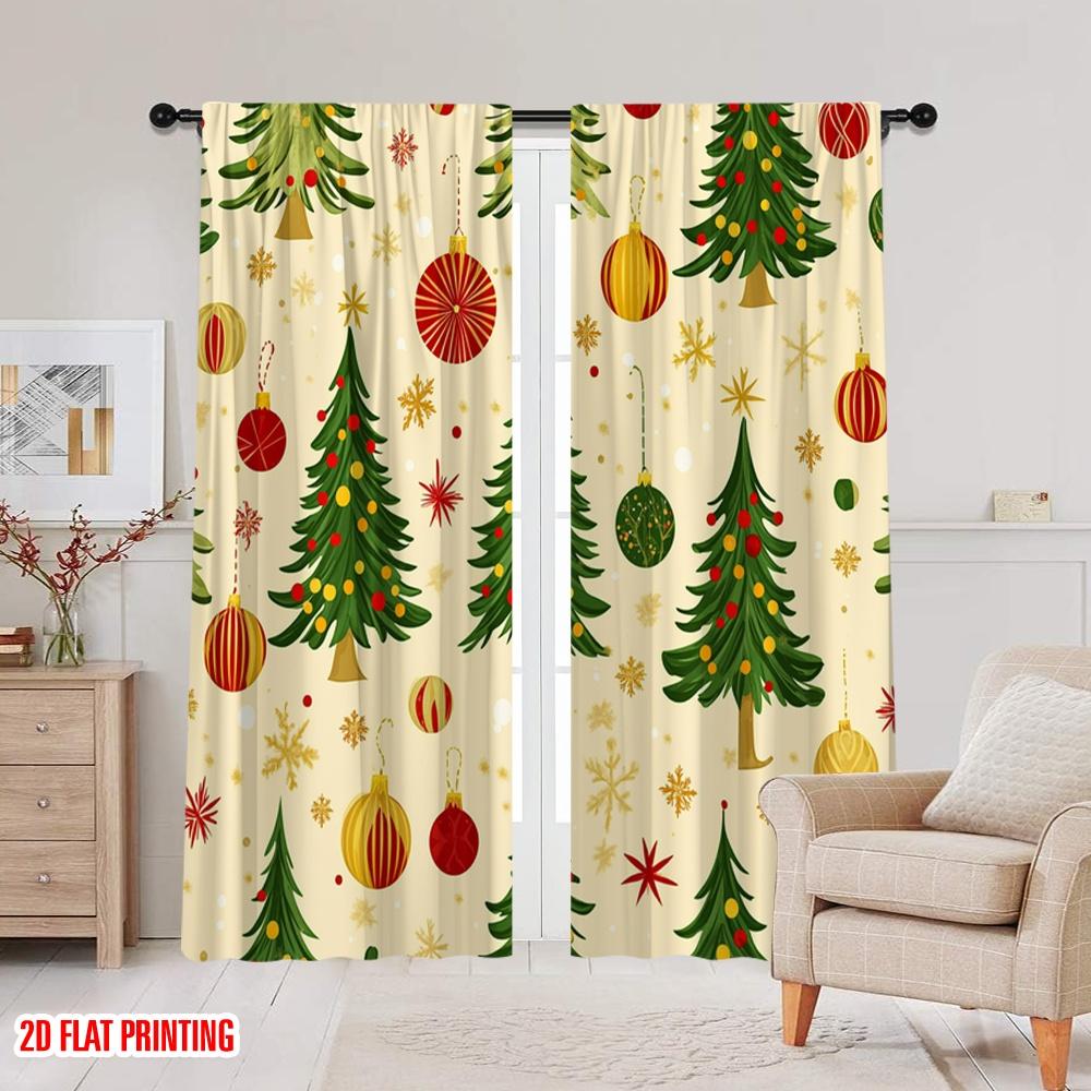 2pcs,2D plane printing Popular Curtains Christmas Tree Baubles Festive (3) Polyester Fabric (without rod) Outdoor Decorations