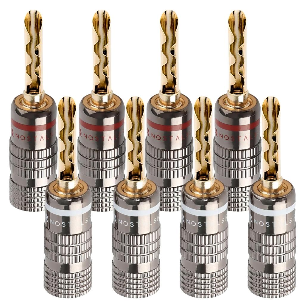 NOSTALSIC Banana Cylindrical Corrugated BFA Red White 24K Gold Compatible with Wire Pieces Plugs, Type, & Set, Plated, Solderless, Screw-on, 12-18AWG