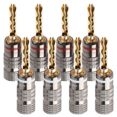 NOSTALSIC BFA Banana Plugs, Corrugated Cylindrical Type, Red & White Set, 24K Gold-Plated, Solderless Screw-On, 12-18 AWG, 8 Pcs (4 Pairs)