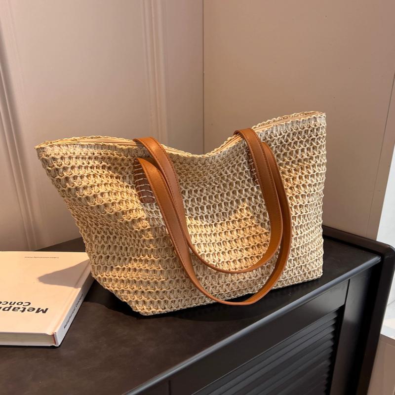 1Pcs Bohemian Summer Fashion Straw Beach Tote Bag Hand-Woven Women'S Shoulder Handbag Travel Shopper Weaving Shopping Bags