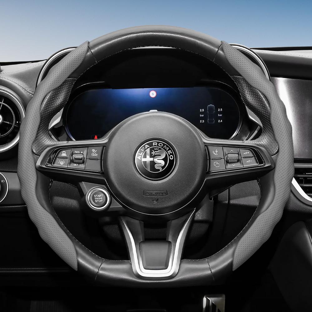 Steering Wheel Cover Suitable for Alfa Romeo, Wave-Shaped Sporty Design, Breathable Leather, Segmented, Non-Slip, Sweat-Absorbent, Giulia 952, Stel