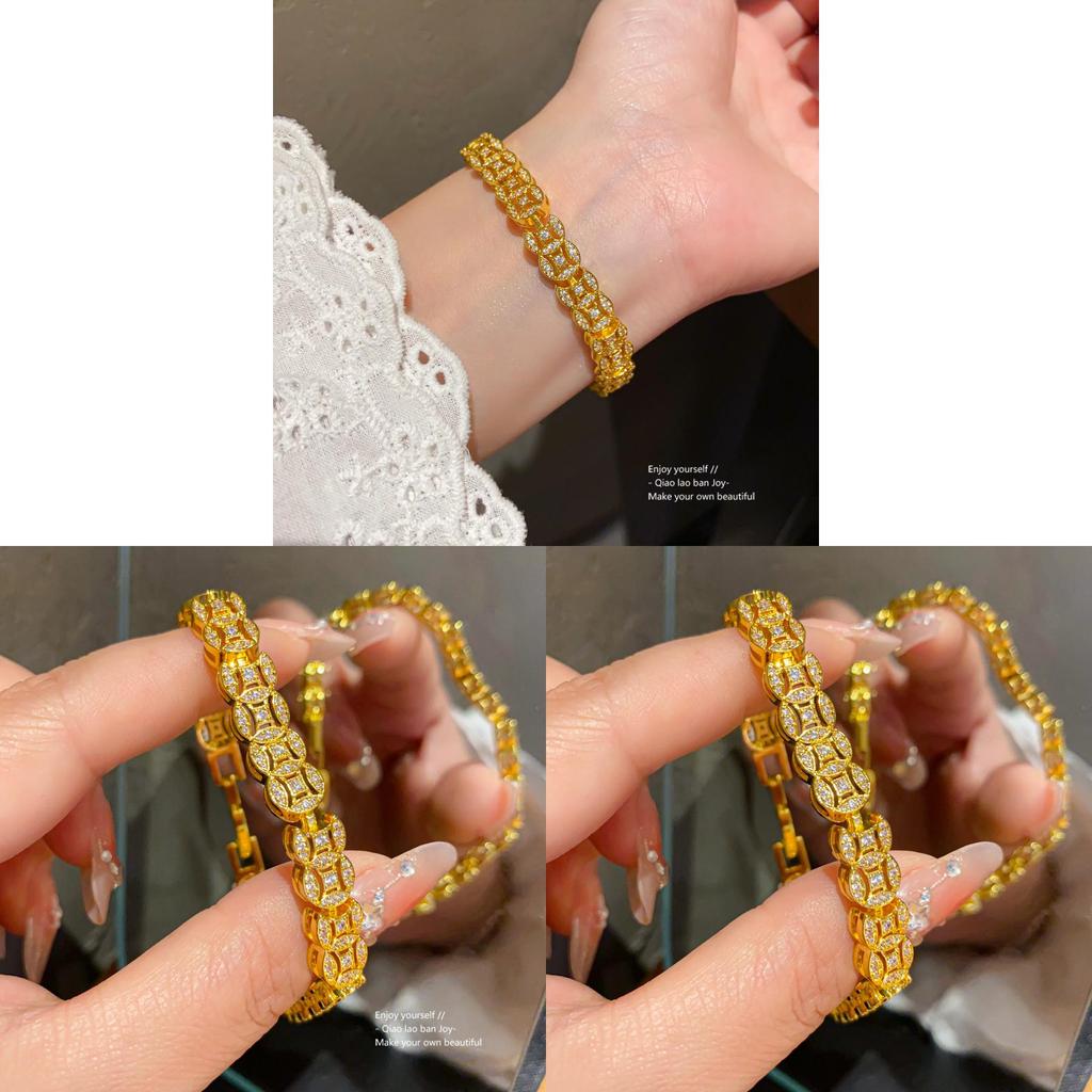 Chinese Style Zircon Copper Coin Geometric Bracelet With Luxury Finish For Women