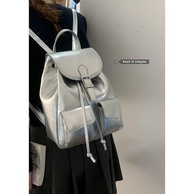 Leisure College Style Backpack Women's 2025 New Trendy Fashion Korean Version Silver Backpack Simple Portable Travel Bag