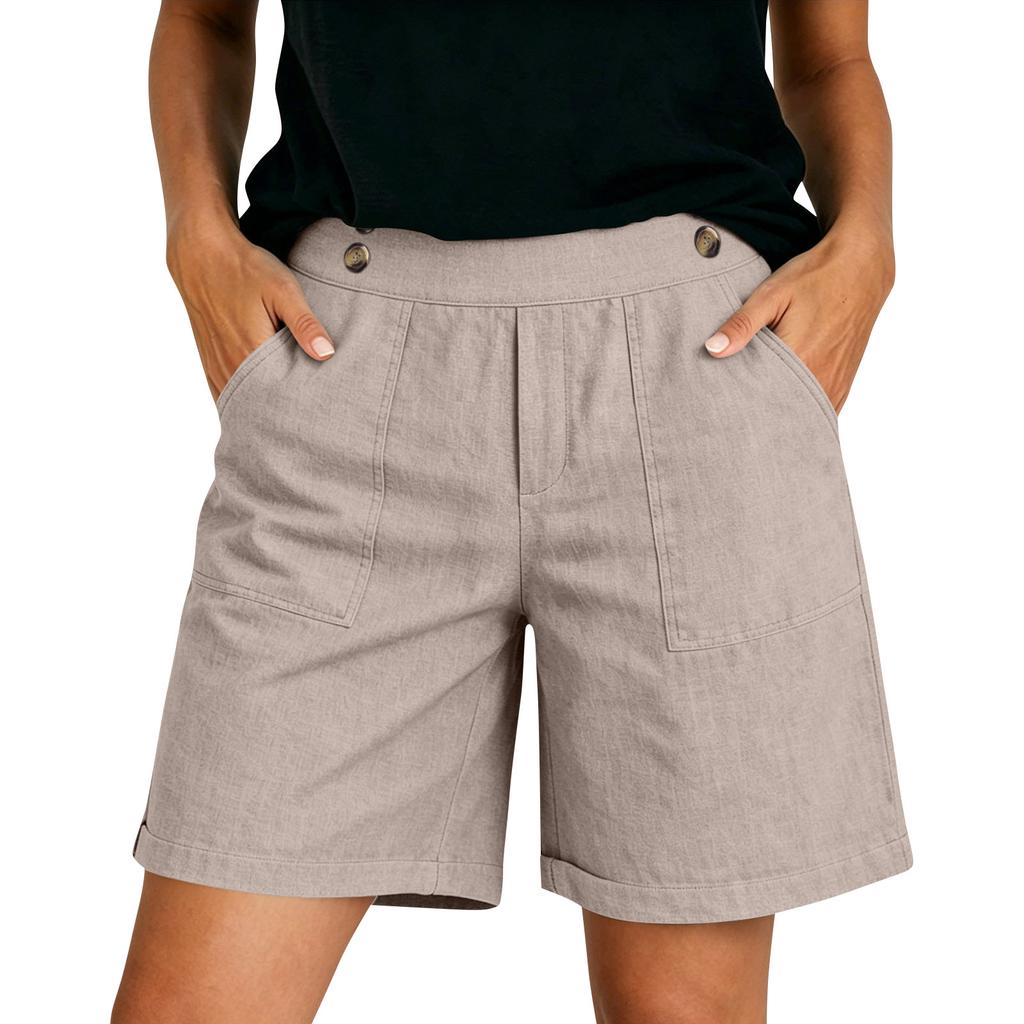 Weiche Shorts aus Baumwollleinen für Damen, Taschen, weicher Knopfverschluss, kein Reißverschluss, schmale Passform