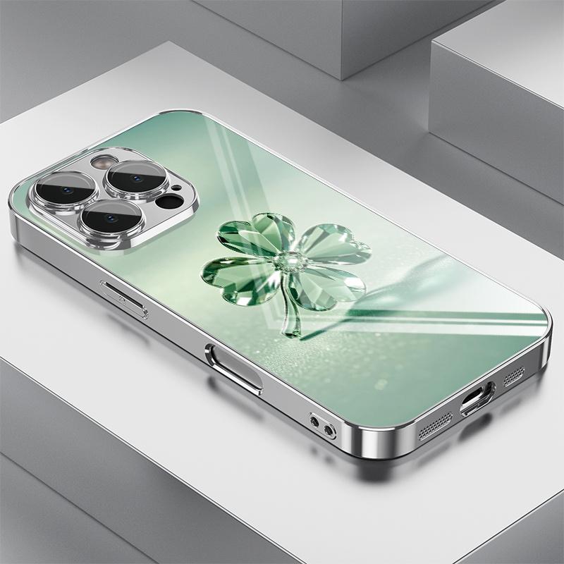 

Light green crystal clover Phone Case for iPhone 17 16e 16 15 14 13 12 Mini 11 Pro XS Max XR X 8 7 6 Air Plus Luxury Glass iPhone 12 Pro