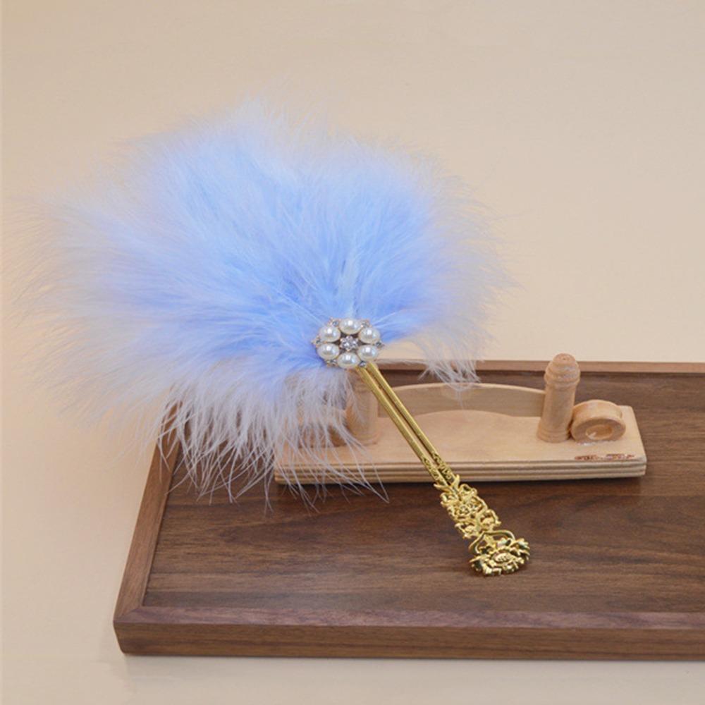 

Fairy Style Hand Feather Fan Exquisite Pearl Wedding Bridal Fan Antique Portable Fan Stage Show синий