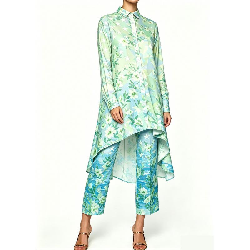Summer new sunset seascape floral print irregular lapel long-sleeved shirt nine-point pants women's casual suit
