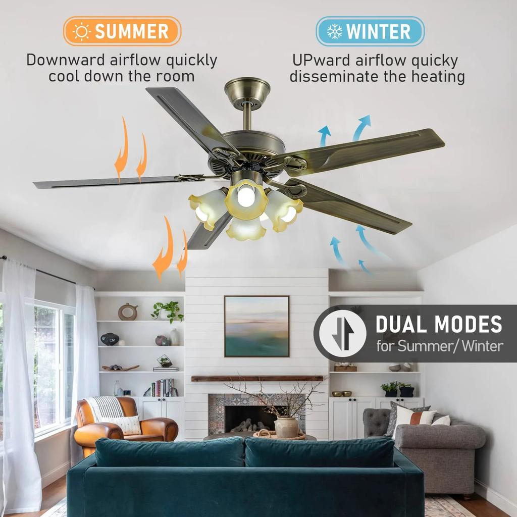 52 Inch Slim Ceiling Fan Light American Retro LED Ceiling Fan with Light for Bedroom Dining Room Living Room Large Household Fan