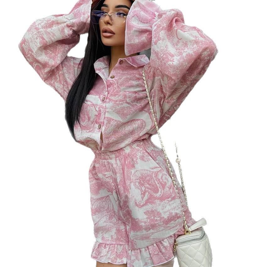 1116 autumn European and American new full-printed ruffle edge shirt hot pants two-piece set trendy fashion women's clothing set