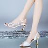 Luxury sandals women's middle heel 2024 summer new British windfish mouth with diamond mesh high heels Women's shoes