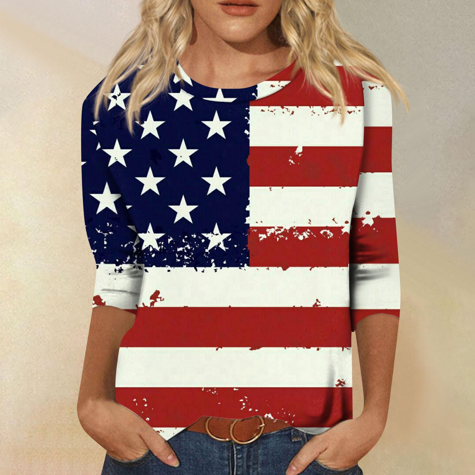 

Женская мода повседневный топ с круглым вырезом и принтом на День независимости с семью рукавами XL винный