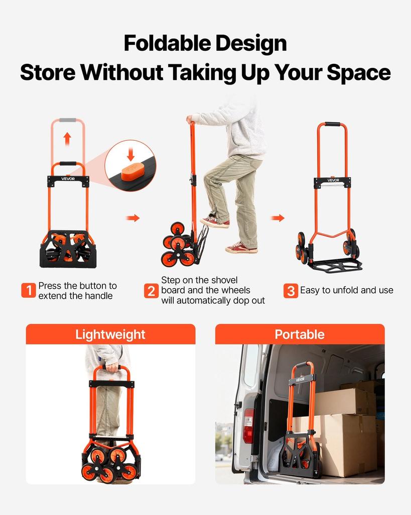 Stair Climbing Cart, 54 Kg Stair-Climbing Capacity, Portable Folding Trolley Cart with Telescoping Handle, 6 Wheels and 2 Bungee Cords, Stair Climber