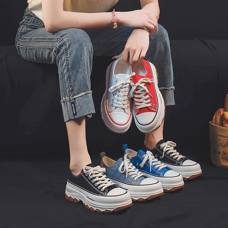 Canvas women's shoes platform heightening shoes spring and summer new wavy bottom round head lace-up classic versatile women's shoes