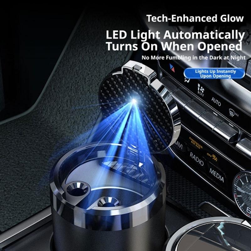 LED Auto Ashtray with Covered Press Lid and Metal Cup, Detachable Design for Car Use in Dim Indoor Rooms