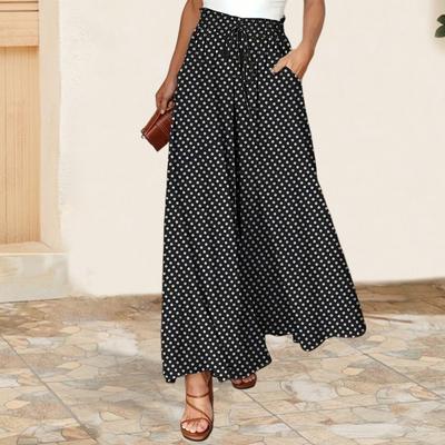 Lange Hosen für Damen, elastische hohe Taille, Schnürung, Punktdruck, weite Beinhose, lässige Hose mit lockerer Passform, für den Alltag