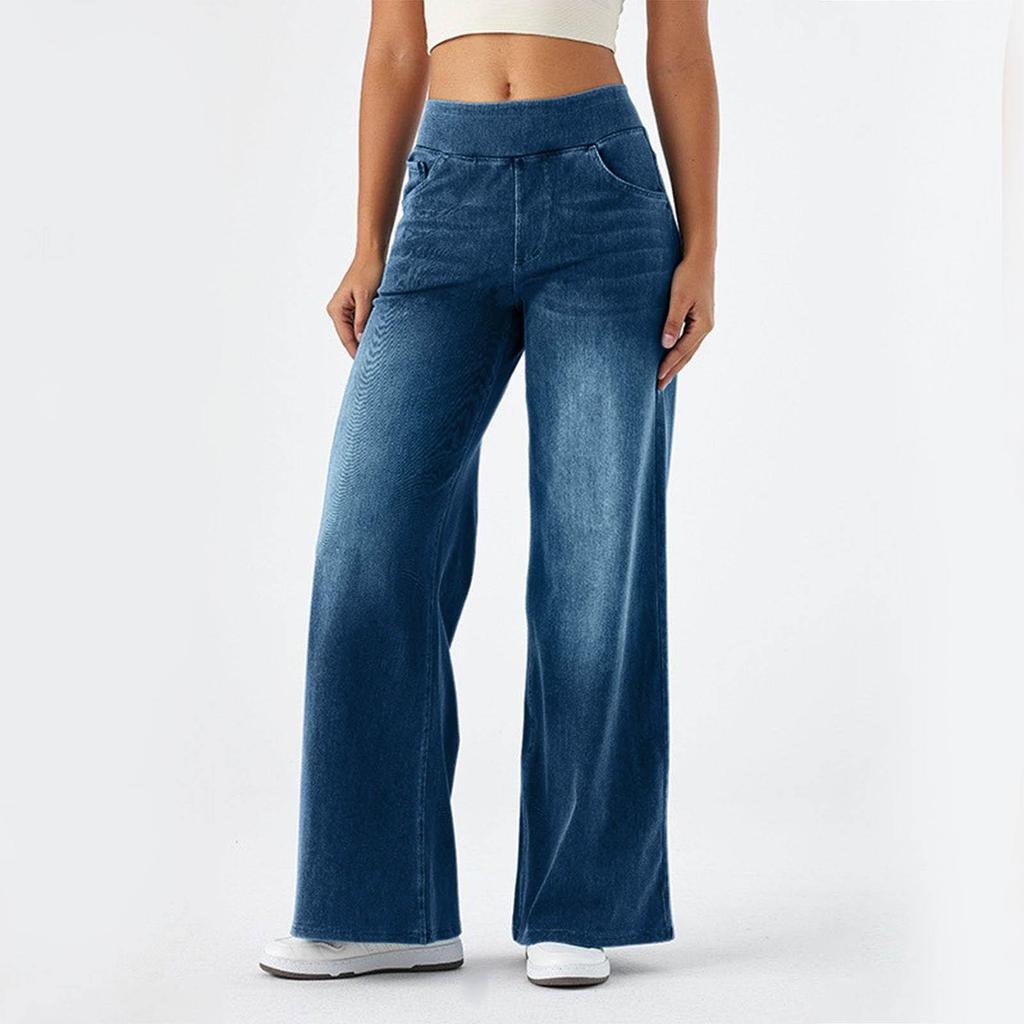 Baggy Ladies Wide Leg Trousers with Elastic Waistband High Waist Stretch Vertical Tube Trousers Stylish Womens' Multi-pocket Straight Loose Jeans