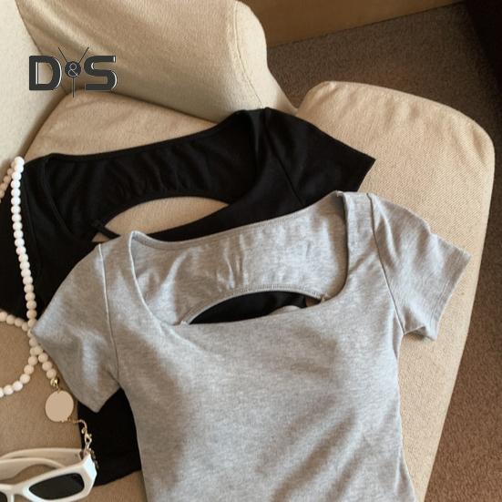 Damen T-Shirt mit quadratischem Kragen, kurzärmelig, mit Hohlkreuz, einfarbig, schmale Passform, kurze Oberteile für den Alltag