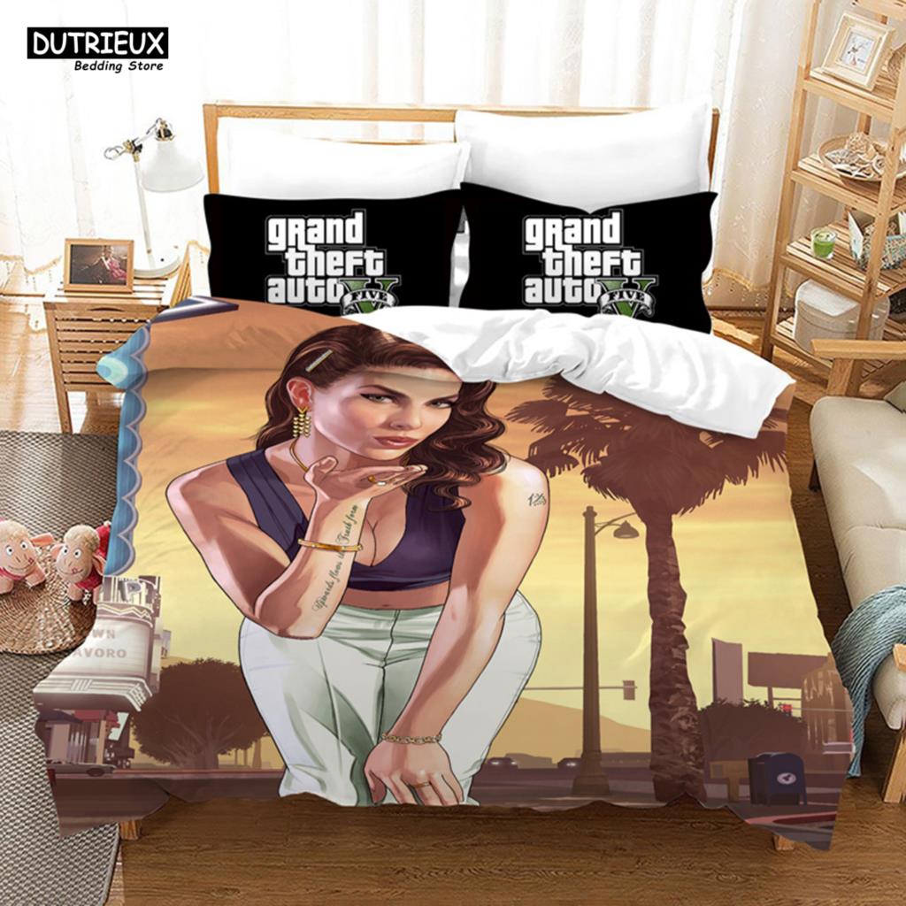 GTA V Game - Themed Cartoon Bedding Set with Duvet Cover and Pillowcase, Including Comforter