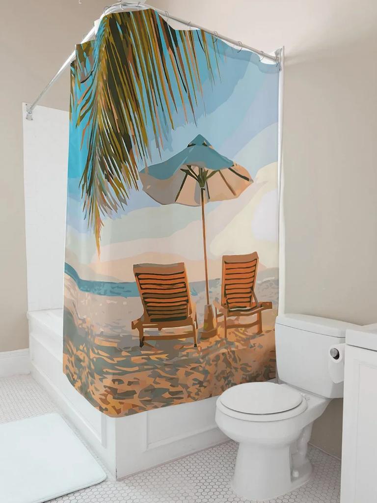 Beach Style Shower Curtain Exquisite Pattern Design Waterproof Anti-Mildew Bathroom Decoration Home Essential Rustproof Hooks