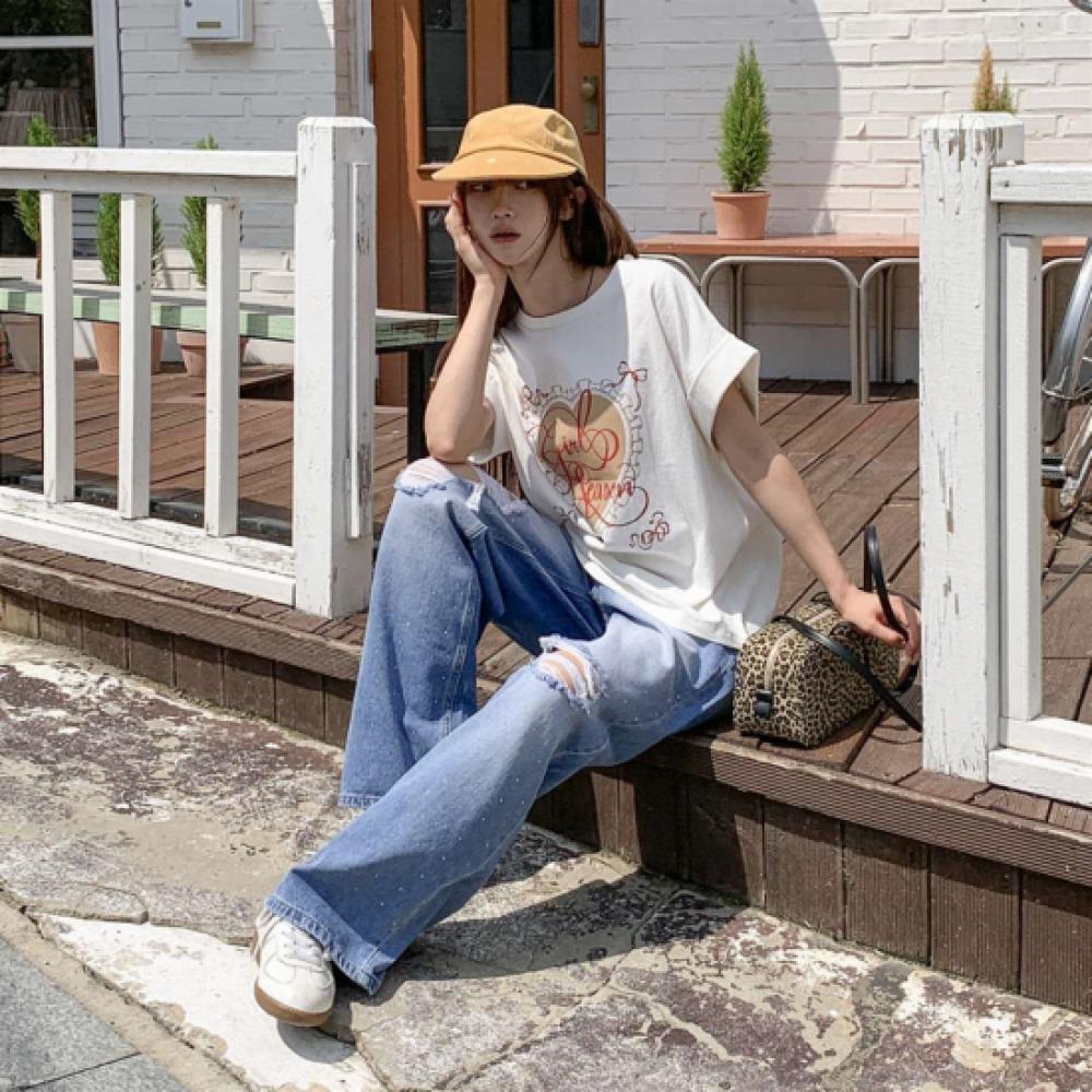 New Arrivals Open Run Women Casual HearT PrinT CoTTon Roll Up Loose FiT T shirT