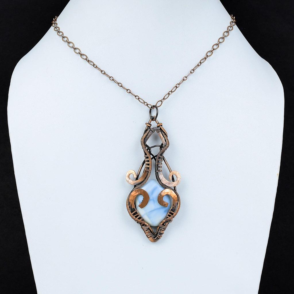Owyhee Blue Opal Pendant Copper Wire Wrapped Gemstone Pendant Handmade Pendant Copper Jewelry Stylish Pendant Gift For Mom Wire Wrap Jewelry