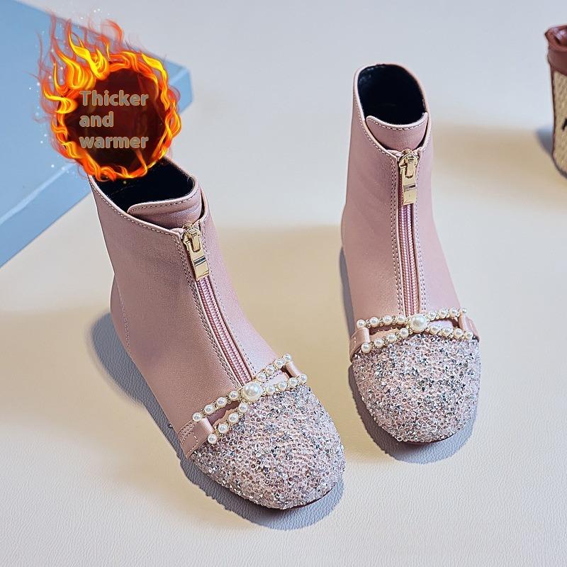 Girls Boots Children's Spring and Autumn Single Boots Baby Boots Winter Plus Velvet Performance Princess Crystal Short Boots