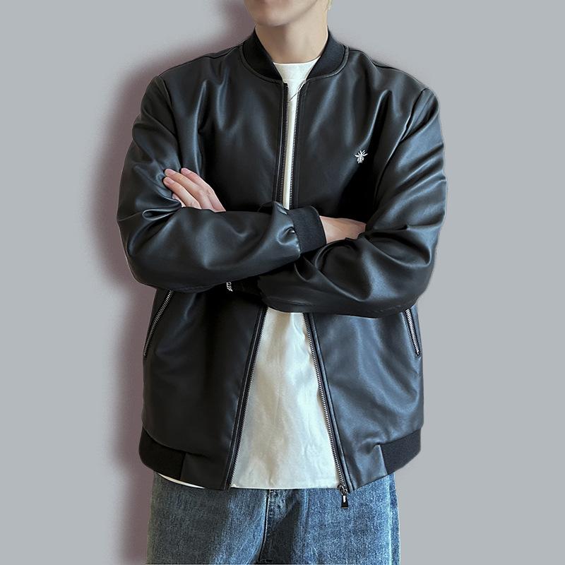Autumn and Winter New Men's Leather Jacket Fashion Stand-up Collar Embroidery PU Korean Version Slim Youth Leather Jacket Men's Coat Trend