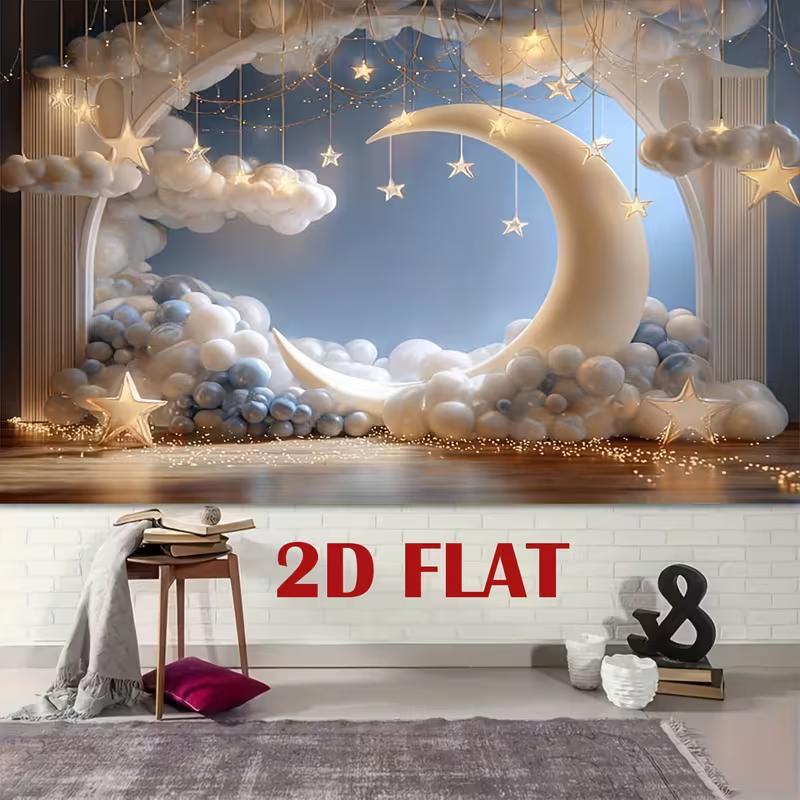 2D Dreamy Moon Star Cloud Backdrop Baby Shower Photography Background