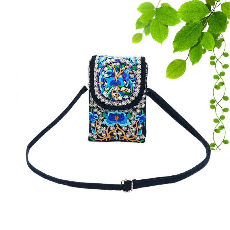 Crossbody Embroidered Womens Ethnic Canvas Handbag With Double Layer For Phone And Coins