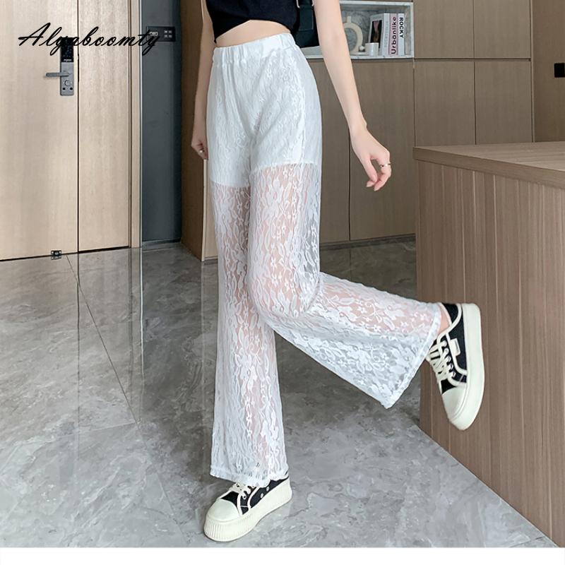 Korejská móda letní dámské bílé krajkové kalhoty s elastickým pasem, tenké stylové dámské elegantní ženské kalhoty se širokými nohavicemi