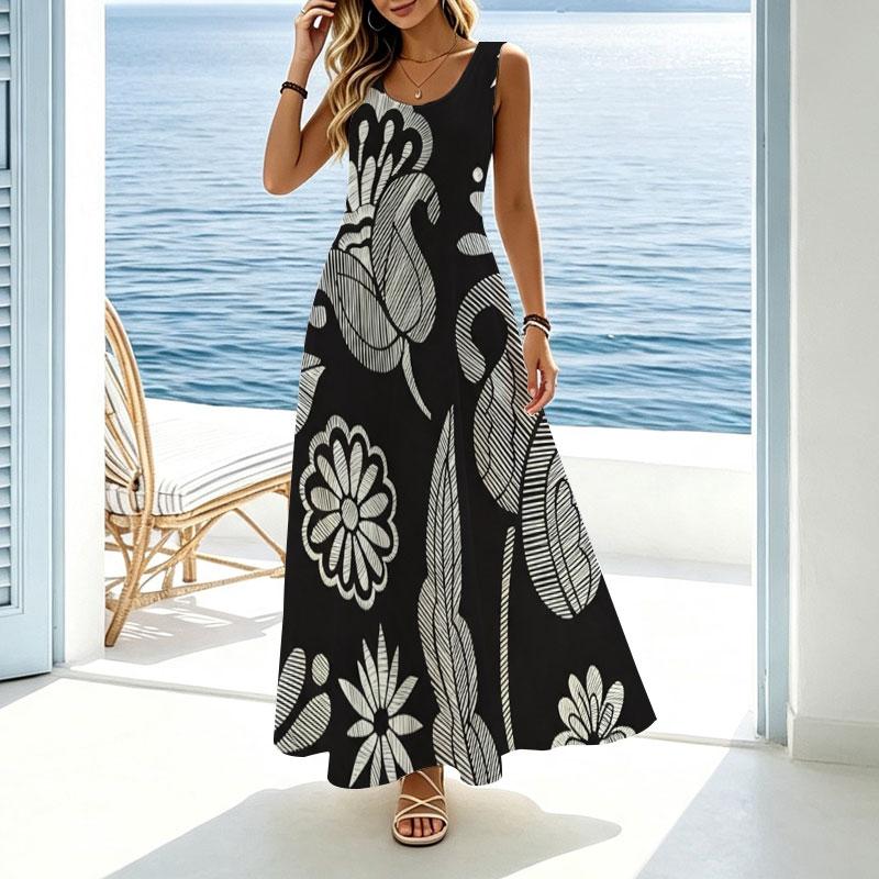 Minimalist Floral Sleeveless Maxi Dress Loose Fit Comfy Flattering,Ideal for Beach Vacation Casual Outing