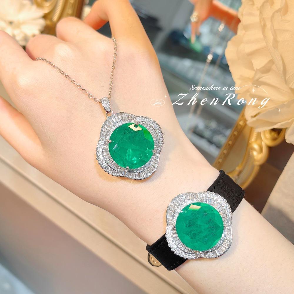Elegant Women Jewelry Set Emerald Necklace Cubic Zirconia Earrings Ring Pendant High Quality Simulated Gemstone Gift