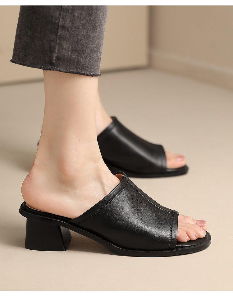 Fashion Thick-heeled Soft Leather Outer Slippers Fish Mouth Comfortable Versatile Mid-heeled Women Sandals Women's Mother's Shoes Women